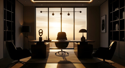 Sophisticated Executive Office With Stunning Sunset View and Upscale Interior Design