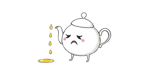 A sad teapot with a face drips yellow liquid onto the ground.