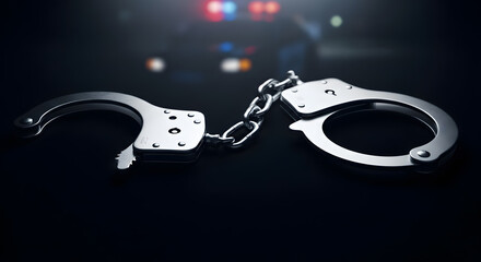 Close-up of open handcuffs lit dramatically, focus on metal, blurred background of nighttime police car