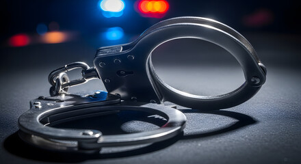Close-up of open handcuffs lit dramatically, focus on metal, blurred background of nighttime police car