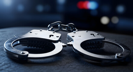 Close-up of open handcuffs lit dramatically, focus on metal, blurred background of nighttime police car