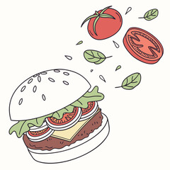 Delicious burger with flying ingredients vector art