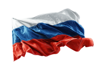 A Russian flag billowing in the wind.  Rich colors, dramatic folds