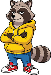 Cartoon raccoon character, yellow hoodie, blue jeans, red sneakers, arms crossed, confident pose, cad drawing flat vector illustration