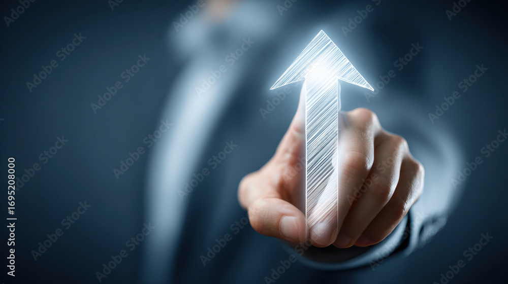 Poster hand pointing upward with glowing arrow symbolizing growth and progress, set against dark background