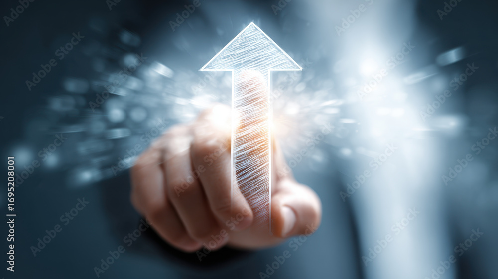 Poster businessman pointing at upward arrow symbolizing growth and success, with blurred background creatin