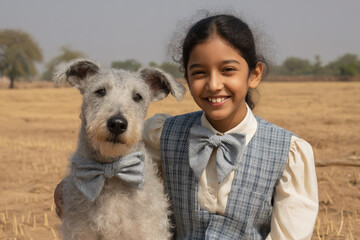 cheerful girl and her playful dog both wearing matching bow ties pose together during ultrabright sunset