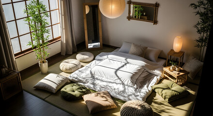Serene Japanese Bedroom Interior Featuring Soft Bedding and Natural Sunlight