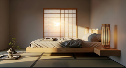Serene Japanese Bedroom With Soft Light, Tatami Mats, Peaceful Ambiance, And Wood Accents