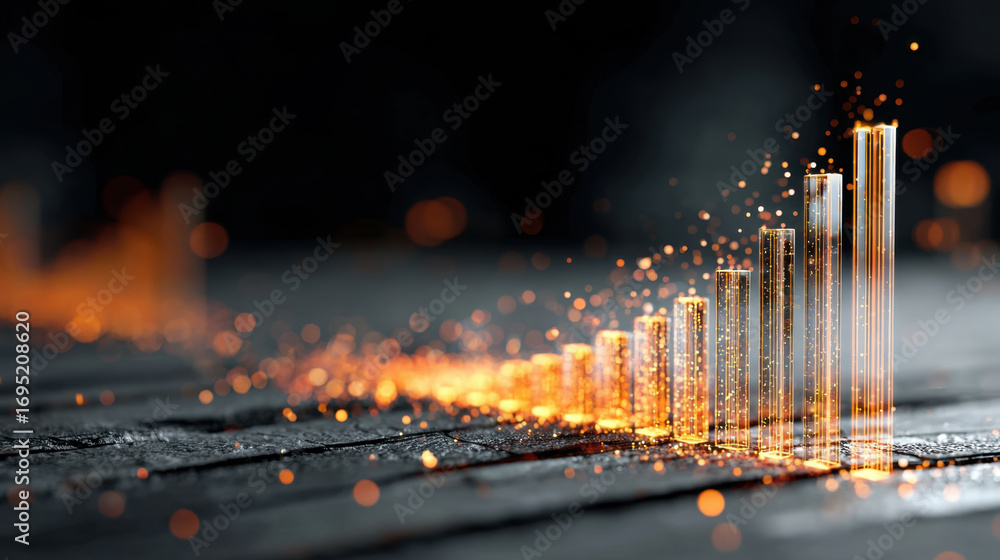 Poster Visualize dynamic growth chart with glowing bars representing data trends, surrounded by shimmering particles that evoke sense of innovation and progress. background features textured wooden