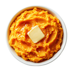 A bowl of mashed sweet potatoes topped with a pat of butter, presented in a white dish.