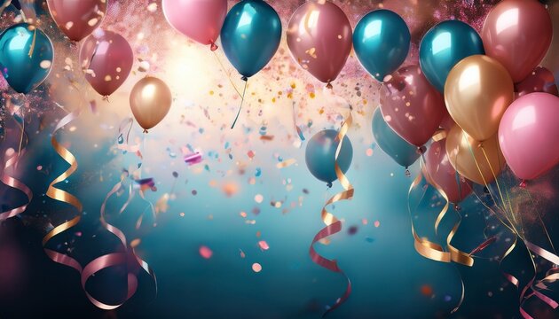 a birthday party background with an energetic mix of floating balloons and cascading ribbons confetti fills the air creating a sense of motion the streamers behind them layer beautifully in shades
