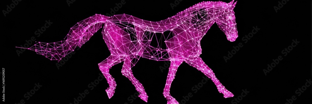 Poster digital representation of a horse in a grid of pink lines against a black background emphasizing tec