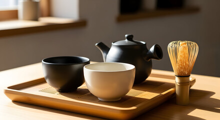 Fototapeta premium Serene Japanese Tea Ceremony Setup On A Wooden Tray With Natural Light