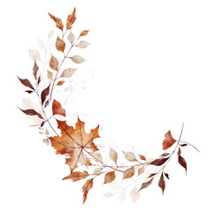 Watercolor autumn herbal semicircular frame. Brown, orange, gray, beige fall maple leaves, flowers, wild branches, twigs. Hand drawn illustration. Watercolour artistic template design.