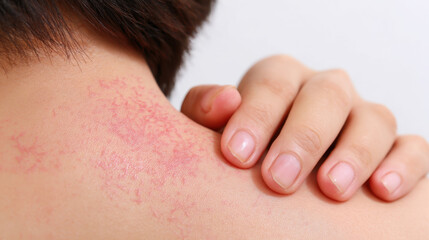 Skin irritation appears on neck, showing redness and rash. hand gently touches affected area, indicating discomfort. This highlights skin health and personal care