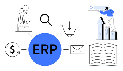 ERP hub linking icons of factory, magnifying glass, shopping cart, dollar sign, email, book, and graph. Ideal for resource management, automation workflow analytics integration enterprise simple