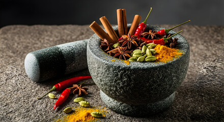 Spices And Herbs In Rustic Mortar And Pestle With Ingredients Displayed