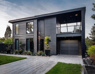a contemporary two story townhouse with a dark gray and black color scheme featuring large windows that showcase the lush greenery outside