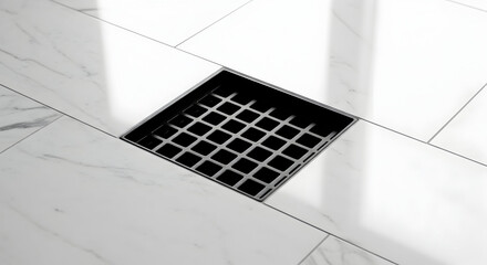 Square drain in white tiled flooring, modern interior design detail close-up shot