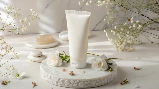 White cream, cosmetic mock-up product. Cream tube for skin care and beauty routine displays minimalist aesthetic, showing soap stones and small flowers.