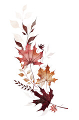 Watercolor autumn leaf garland bouquet arrangement. Orange, beige, burgundy, pink fall maple leaves, wild brown branches. Hand drawn style illustration. Watercolour artistic template design.