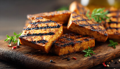 Grilled Tofu Slices with Barbecue Marks, High-Protein Vegan Food for Plant-Based Meals, Soy-Based Protein Alternative, Ideal for Healthy Diets and Nutritious Vegetarian Grilling Options