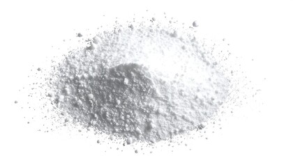 A large pile of fine, light-gray powder is scattered in a dynamic, radiating presentation against a plain white background.