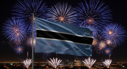 botswana flag waves against vibrant backdrop of fireworks lighting up night sky over silhouetted city. celebration and national pride. independence day, festive event