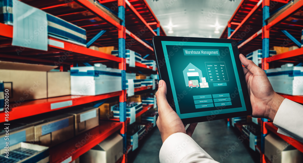 Poster warehouse management innovative software in computer for real time monitoring of goods package deliv