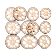 Fototapeta premium Lotus root slices isolated on transparent background, exotic Asian vegetable with natural holes, healthy organic food photography