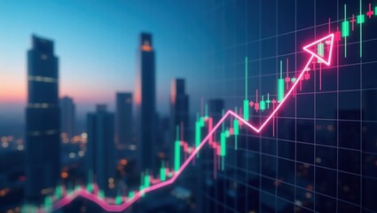 Gráfico de velas con líneas nítidas y vibrantes tendencias ascendentes en verde sobre un fondo de modernos rascacielos urbanos