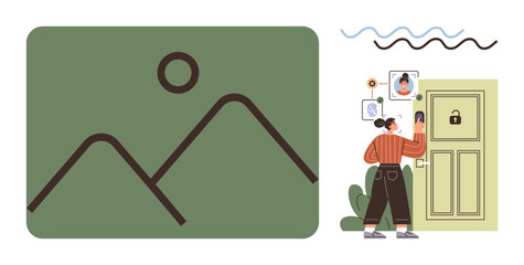 Woman unlocking a smart door equipped with facial recognition system. Ideal for security, technology, surveillance, innovation, home automation, identity, privacy. Represents simple flat metaphor