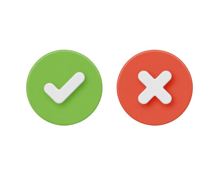 3d icon of green check mark and red cross mark isolated on transparent background