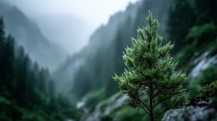 Lone Evergreen Pine Tree On Rocky Slope In Misty Mountain Valley Surrounded By Dense Forest And Fog Covered Wilderness Landscape
