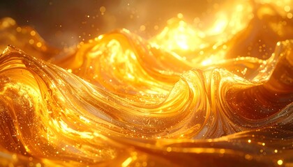 Golden liquid waves undulate with luminous energy, creating a mesmerizing abstract pattern of radiant gold.