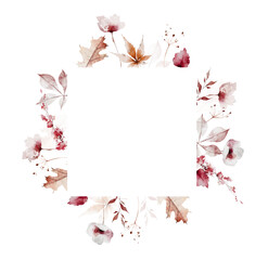 Watercolor autumn floral square frame. Pink, orange, gray, beige fall leaves, flowers, wild branches and twigs. Hand drawn illustration. Watercolour artistic template design.