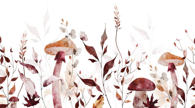 Watercolor autumn seamless border frame. Orange, burgundy, red maple leaves, mushrooms, spikelets, dry branches, twigs. Hand drawn style illustration. Watercolour artistic template design.