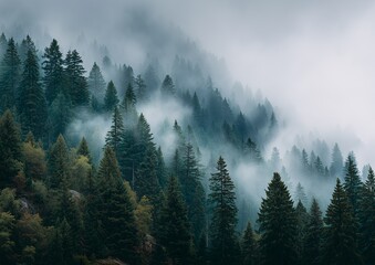 Misty Forest Landscape with Evergreen Trees