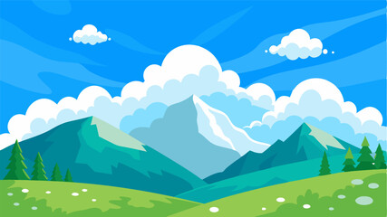 Fototapeta premium Lacy white clouds dot the crystal blue sky above a peaceful alpine meadow creating a stunning contrast against the green landscape.