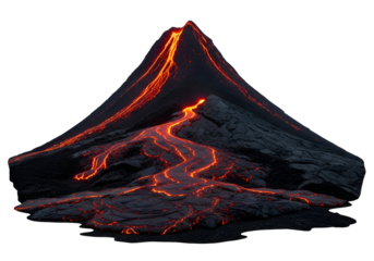Molten lava flows down a volcanic mountain peak against a stark black backdrop, illuminating the landscape with fiery orange hues.
