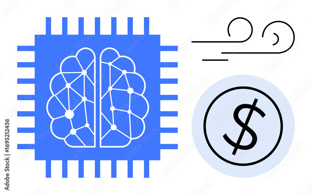Aufkleber neural-style brain circuit inside a blue chip, wind movement lines symbolizing dynamics, and a dolla