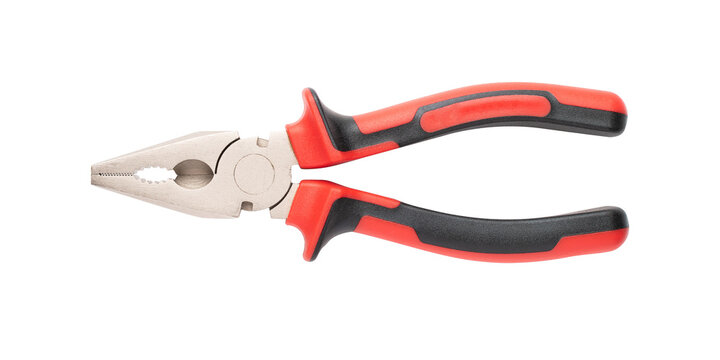 Metal pliers with electrically insulating handles made of red and black plastic. In close state. Close-up view. Isolated on transparent background. 
