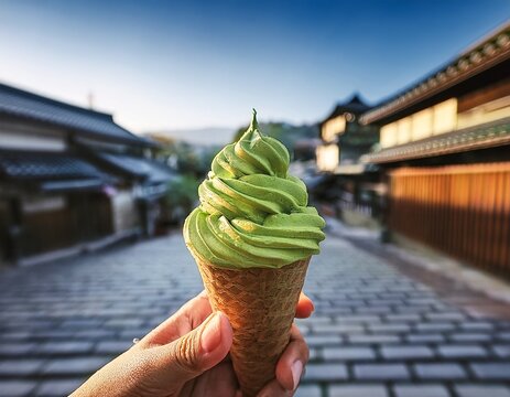 a hand holds a matcha soft serve cone with creamy texture and rich green color bathed in diffused morning light with a dreamy backdrop of a japanese old town blurred to reveal silhouettes of tiled
