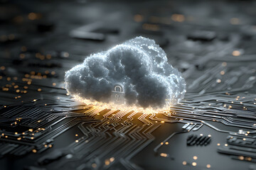 Glowing cloud with a padlok is floating over a circut board, representing the oncept of cloud computing ecurity