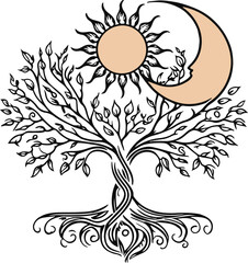 Ancient banyan tree outline with hanging roots, black line drawing on white background