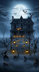 AI-Generated Haunted House on a Halloween Night with Jack-o'-Lanterns