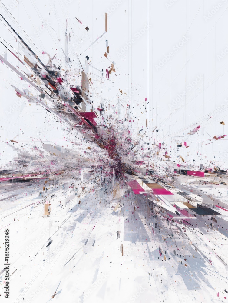 Poster dynamic abstract explosion showcasing vibrant colors and geometric shapes against a white background