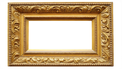 Ornate antique gold picture frame with decorative scrollwork isolated on a transparent background