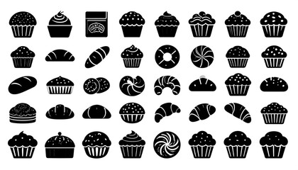 A collection of various bakery items illustrated as black silhouette icons against a white background.